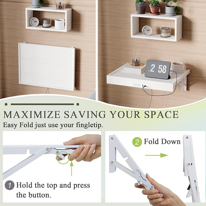 TEAMIX Floating Nightstand with Charging Station, Wall Mounted Folding Bedside Shelf Combo Wood Nightstand with Led Light USB Type C Ports, Bed Side Storage Tray Caddy for Bedroom, Living Room, Dorm