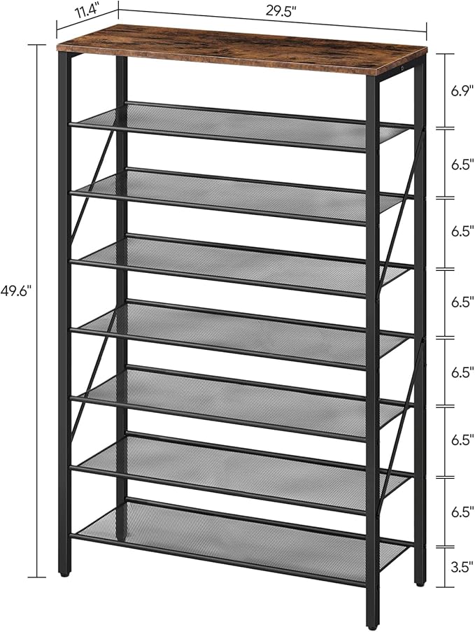 MAHANCRIS 8 Tier Shoe Rack Organizer for Closet, Holds 28-32 Pairs, Tall Metal Shoe Storage Shelf for Entryway Bedroom, Sturdy Freestanding Shoe Rack Space Saving, Large Capacity, Rustic Brown