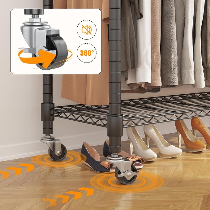 BATHWA Rolling Tall Garment Rack with 2 Rods & 3-Tier Adjustable Shelves, 35.5" W x 16.5" D x 80.7" H, Heavy Duty Clothes Hanging Racks Portable Wardrobe Closet Organizer for Bedroom, Laundry, Black