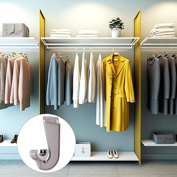 Wonderjune 4 Pcs Closet Rod Hooks Plastic Snap-in Support Brackets Champagne J-shaped Closet Bar Bracket for Hanging Clothes Cabinets Storage and Curtain, Fits up to 1-5/16 Inch Rod(Champagne)
