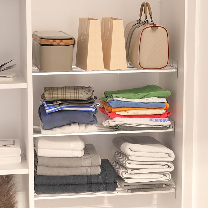 SANNO Tension Shelf Organizer for Closet, Adjustable 17-31" with Heavy-Duty Adhesive - DIY Expandable Shelf Dividers for Cabinet, Pantry, Wardrobe, Kitchen, 2 Pack
