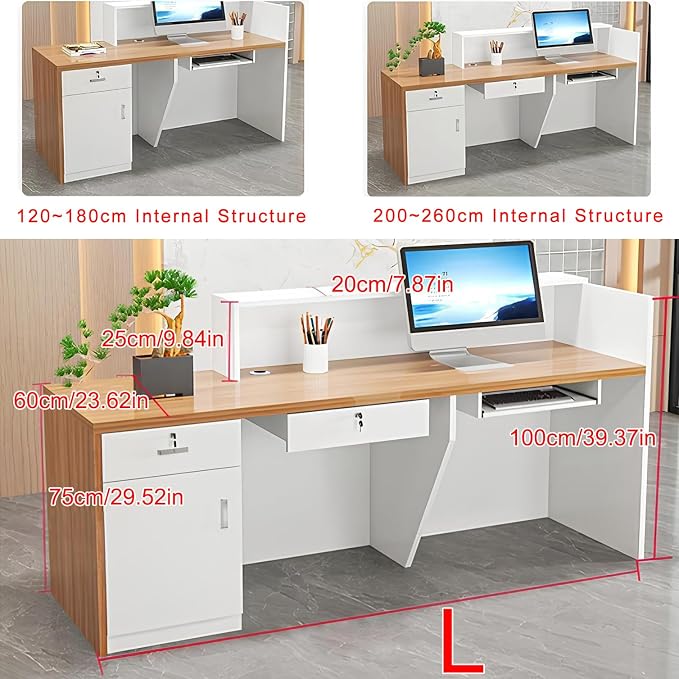 Modern Reception Desk with Counter, Front Desk Reception Counter with Lockable Drawer, Keyboard Tray & Storage Cabinet, Solid Wood Receptionist Table for Salon Office Lobby (H - Left, L 2.4m/94in)