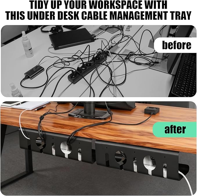Cord Management Under Desk, 16.5" L x 4.7" W x 4.3" H, 2 Pack Under Desk Cable Tray, Wire Organizer for Power Strip, Tape Mount or Screw Mount, Easy Install Cord Raceway for Desk & Home