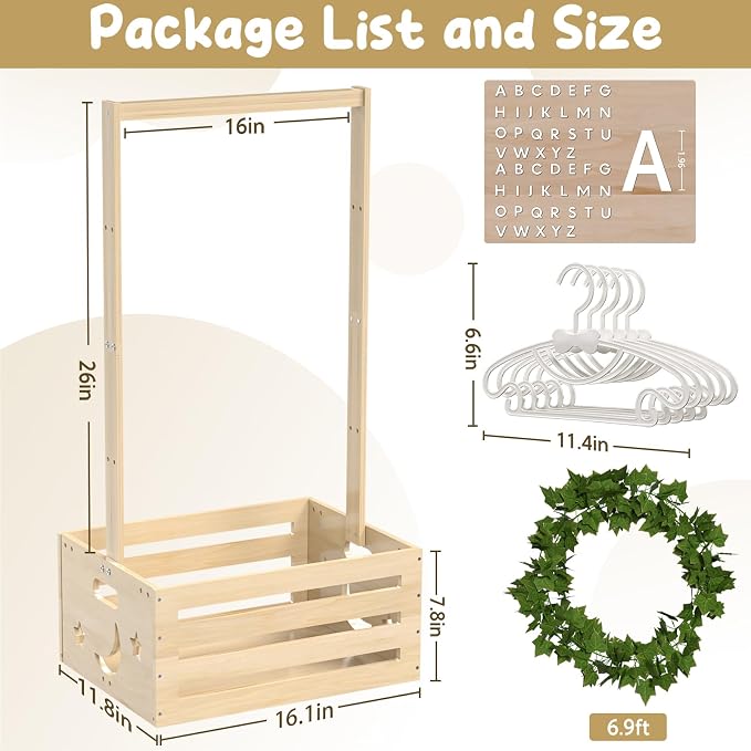 Large Baby Shower Gifts Basket Wooden Crate, Personalized Wooden Letters Hangers New Born Baby Girl Boy Pregnancy Gifts for New Mom Parents Vine Decorations Cute Closet with Adjustable Handle