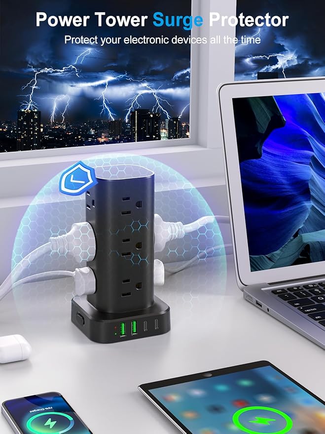 Power Strip with Wireless Charger, Flat Plug Surge Protector with 6FT Extension Cord, 12 AC Multiple Outlets, 4 USB (2 USB C), 15W Wireless Charging Power Tower for Home Office Dorm, Black