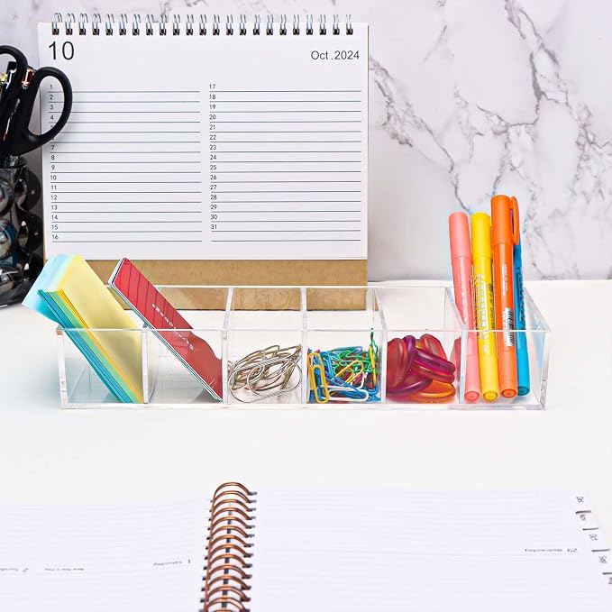 MEI YI TIAN Clear PS Stationery Organizer Small Pen Holder Detachable Storage Boxes 6 Compartments Case Compact Makeup Organizer for Desk Drawer