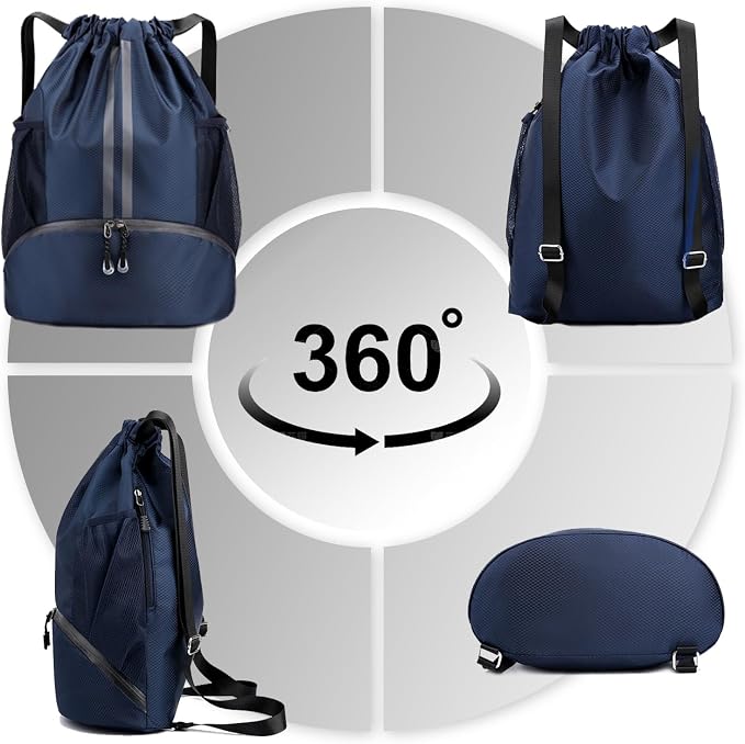 Hoedia Sports Drawstring Backpack - String Swim Gym Bag with Shoes Compartment and Wet Proof Pocket for Women&Men
