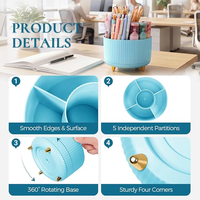 KONVINIT Pencil Pen Holder for Desk, 5 Slots 360-Degree Rotating Desktop Organizer, Cute Desk Organizers and Accessories for School, Home, Office and Art Supply, Blue