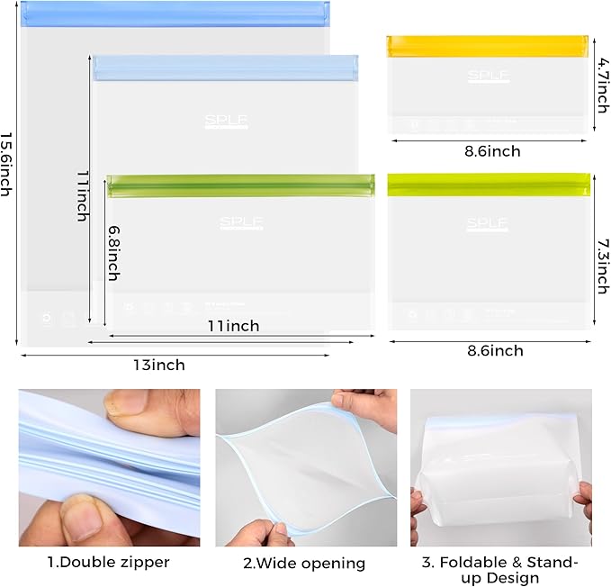 SPLF 6 Pack Stand-Up Reusable Gallon Freezer Bags Dishwasher Safe, Extra Thick 1 Gallon Leakproof Food Storage Bags, BPA and Silicone Free Freezer Bags for Meal Prep, Bread, Veggies, Home Organization