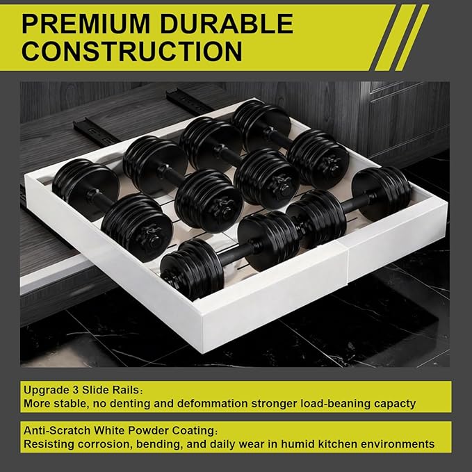 1-Pack Expandable Pull Out Cabinet Organizer 21" Deep with 3 Slide Rails, Adjustable Width (12"-22") Drawer Organizer for Kitchen Pantry Base Cabinets, Fixed with Roll Out Shelves Adhesive, White