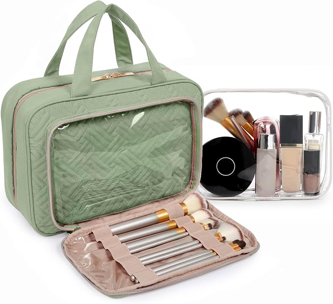 BAGSMART Toiletry Bag Hanging Travel Makeup Organizer with TSA Approved Transparent Cosmetic Bag Makeup Bag for Full Sized Toiletries, Large-Green