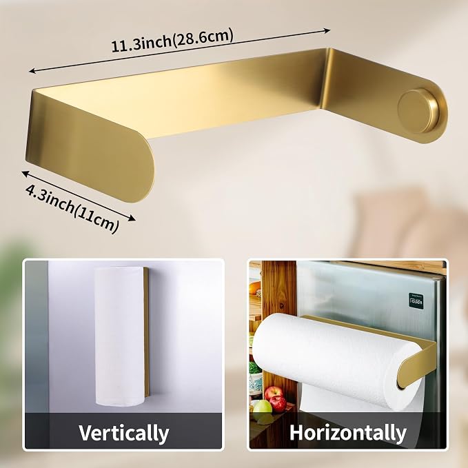 DELITON Gold Paper Towel Holder Magnetic, Strong Magnet Paper Towel Rack for Refrigerator, RVs, Kitchen, Grill, Fit Most Paper Roll, Stainless Steel