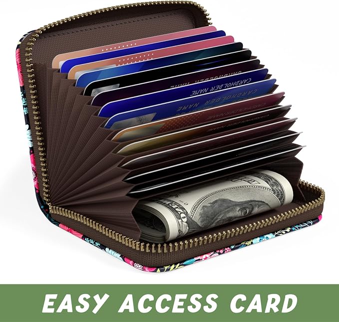 Aiawoxc Credit Card Holder, Small RFID Wallet Slim Leather Card Organizer Case with Zipper and Keychain, Elegant Flowers