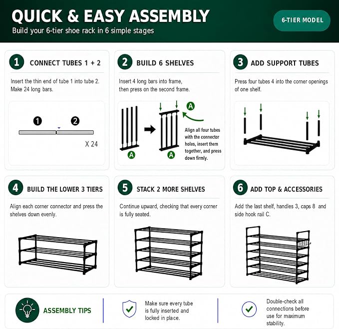 Hsscblet 6 Tiers Metal Shoe Rack,Adjustable Shoe Shelf Storage Organizer with Hooks,Stackable Boot & Shoe Storage,for Entryway,Hallway,Closet,Black