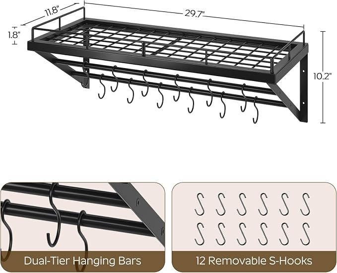 YATINEY Pot Rack, 30 Inch Wall Mounted Pot Rack, Kitchen Pot and Pan Organizer with 2 Tier Hanging Rails, 12 S-Hooks, Space Saving, for Kitchen Cookware Organizer, Black PR02BK