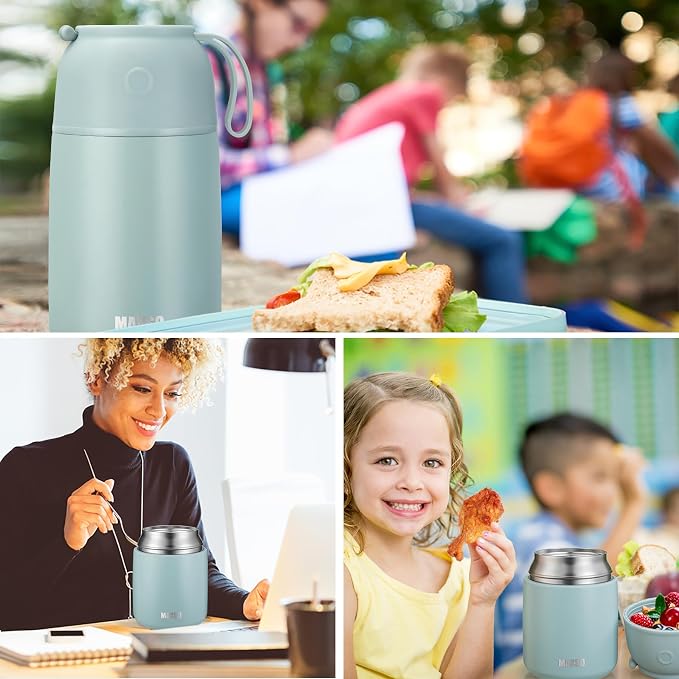 MAXSO 2 Pack Soup Thermo for Hot & Cold Food for Kids Adults, Vacuum Insulated Food Jar Thermal Lunch Containers, Travel Food Flask with Spoon (24 oz,17 oz) (Sage)