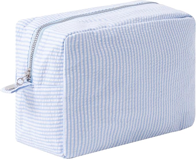Large Capacity Striped Pencil Case Cosmetic Bag with Zipper Portable Stationery Organizer Pouch for School Students Teens Travel Toiletry Bag (Light Blue)