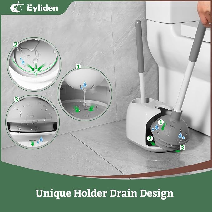 Eyliden Toilet Plunger & Brush Set, 3-Step Suction Cup, Compact Caddy | Space-Saving Toilet Deep Cleaning Combo with Holder, Ultra-Tight Seal, Durable, Nylon Bristles, Bathroom Essentials
