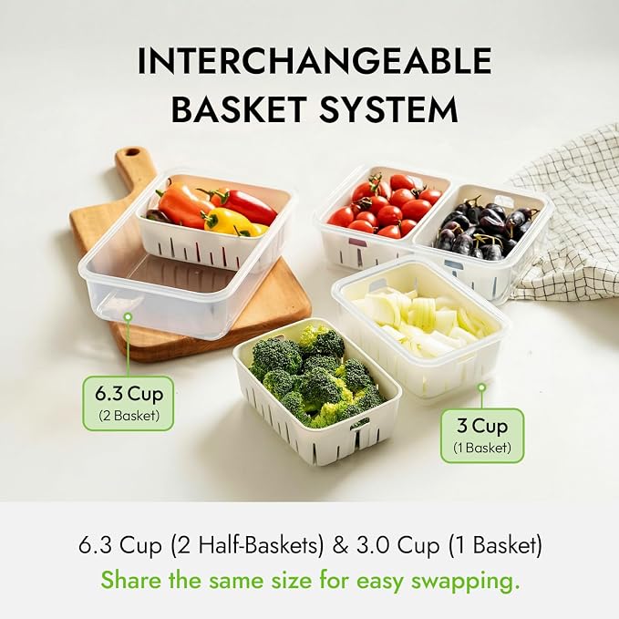 carrotez 11.4 Cup Produce Saver Container for Fridge with Colander 2.7L | Airtight Fruit & Vegetable Storage Bin, Removable Strainer Basket, BPA-Free, Stackable, White Colander