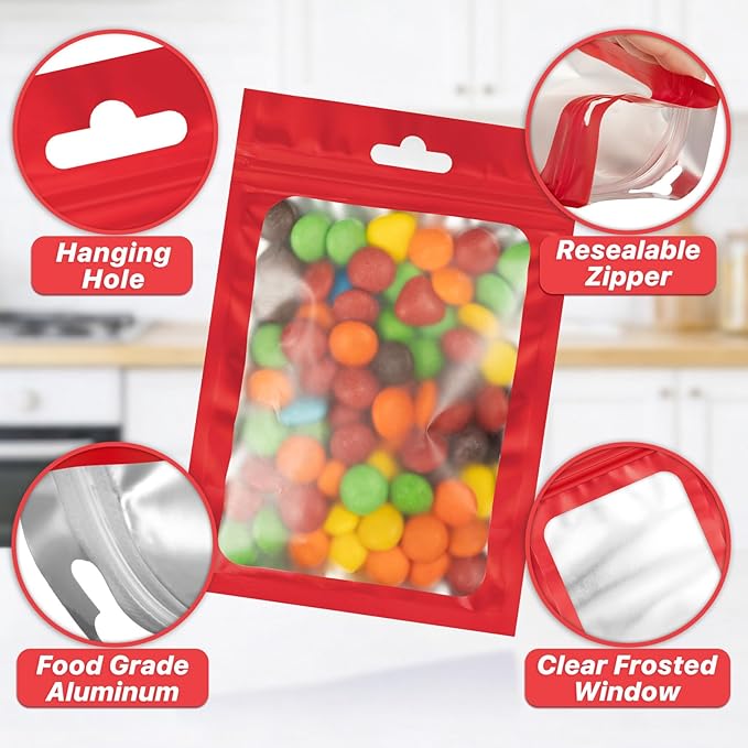 100 PCS Resealable Mylar Bags with Frosted Clear Window Packaging Bag Foil Pouch Zipper Bag for Food Self Sealing Storage Supplies (7.08x10.24, Red)