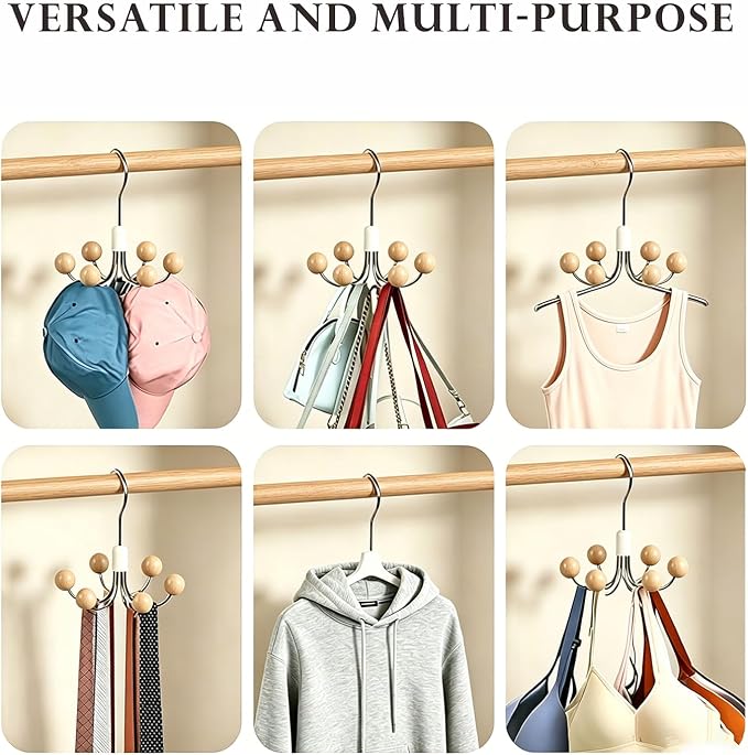 Sweatshirt Hangers with 6 Cedar Balls, Purse Hanger, Scarf Hanger, Wooden Closet Hooks, Handbag Organizer, Bra Hanger, Accessory Organizers for Scarf, Tanktop, Hat, Hoodie-Wood Color(2 Pack)