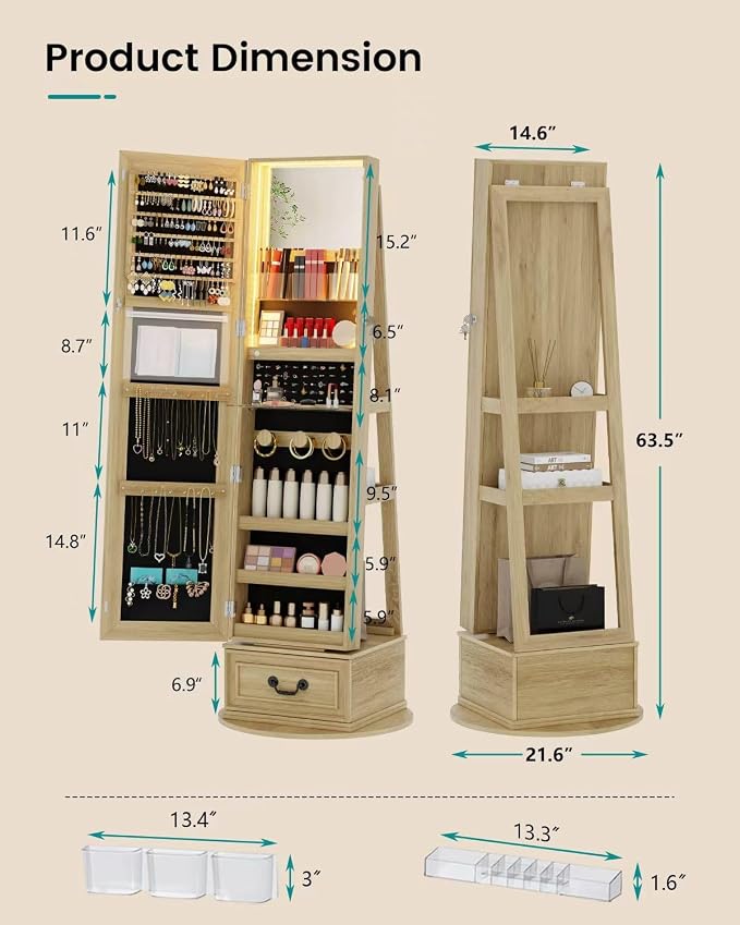 Vlsrka Mirror Jewelry Cabinet Standing with Lights, Lockable, Swivel, Wood | Standing Jewelry Armoire with Full Length Mirror, Large Jewelry Organizer Storage with Foldable Makeup Shelf, 3 LED Lights