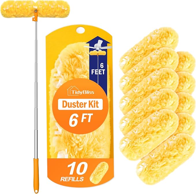 TidyBliss 6 ft Extendable Dusters for Cleaning Compatible with Swiffer, Super Long Handle Dusting Wand Kit with 10 Refills, 360 Degree Heavy Duty Microfibers Dust Removing Tool for Ceiling (Orange)