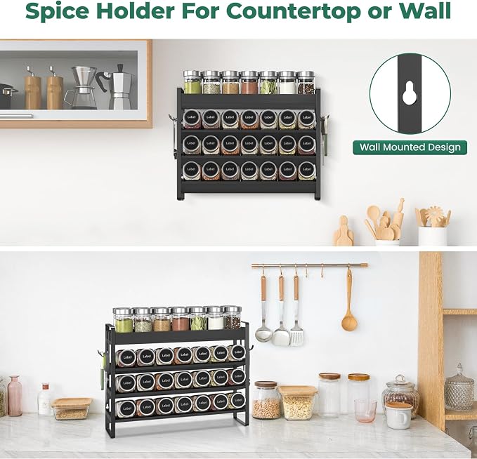 EsLuker.ly Spice Seasoning Rack Organizer Kitchen Countertop, 4 Tier Bamboo Spice Shelf Holder Storage with 4 Hooks, Wall Mounted Freestanding Stand for Pantry, Black (Jars Not Included)