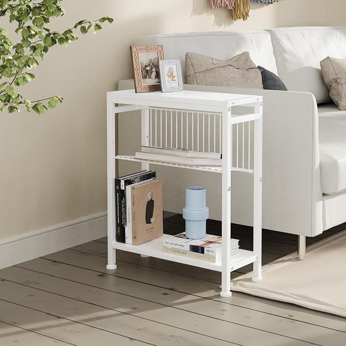 Side Table for Small Spaces, Set of 2 Narrow End Table with Magazine Holder, 2 in 1 Design Slim Side Table, Skinny Nightstand for Living Room Bedroom, Thin Side Magazine Table, White