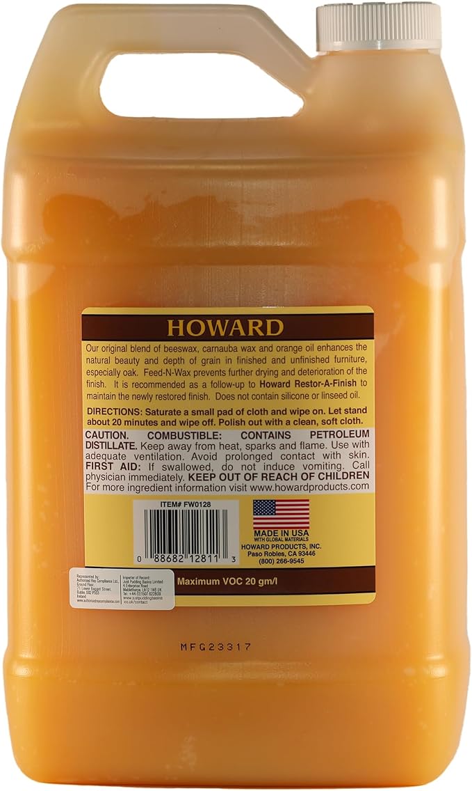 Howard Products Beeswax Wood Polish & Conditioner, Feed-N-Wax for Wood Furniture Polish, 128 Fl oz, Orange