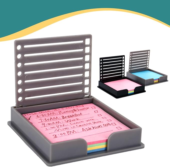 2 PCS 3x3 Sticky Note Holder, Anti-Curl Sticky Pad Dispenser with Drawing Stencil Template, Compatible with Post it Notes, Reusable Memo Organizer for Office Home School