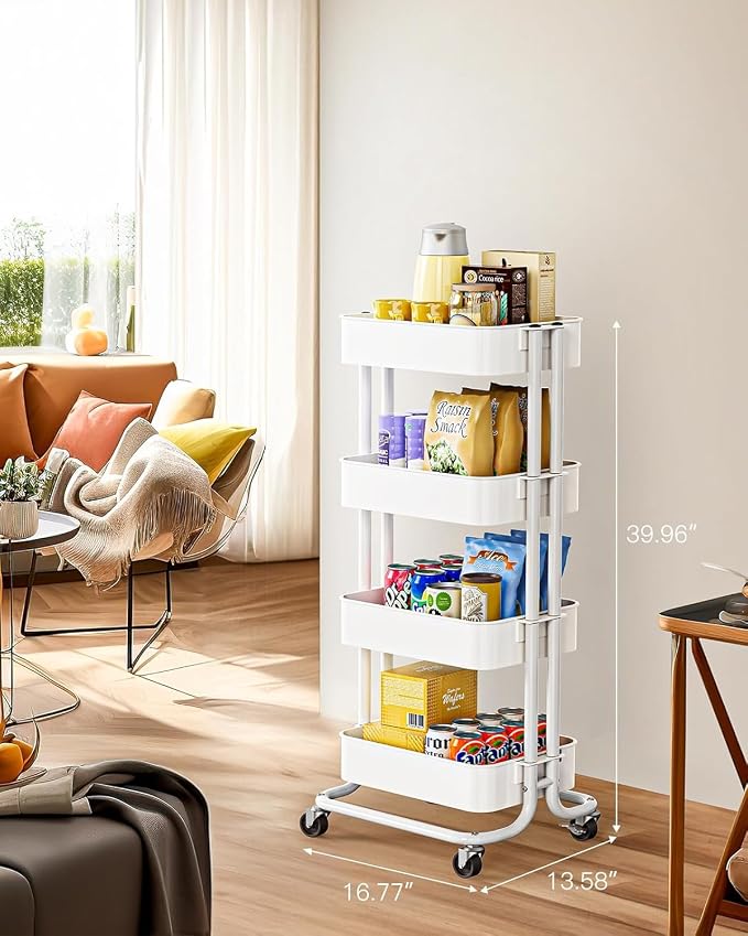 Pipishell 4 Tier Metal Rolling Utility Cart, Heavy-Duty Storage Rolling Cart with 2 Lockable Wheels, Multifunctional Mesh Organization Utility Cart for Kitchen Dining Room Living Room, PIUC13W