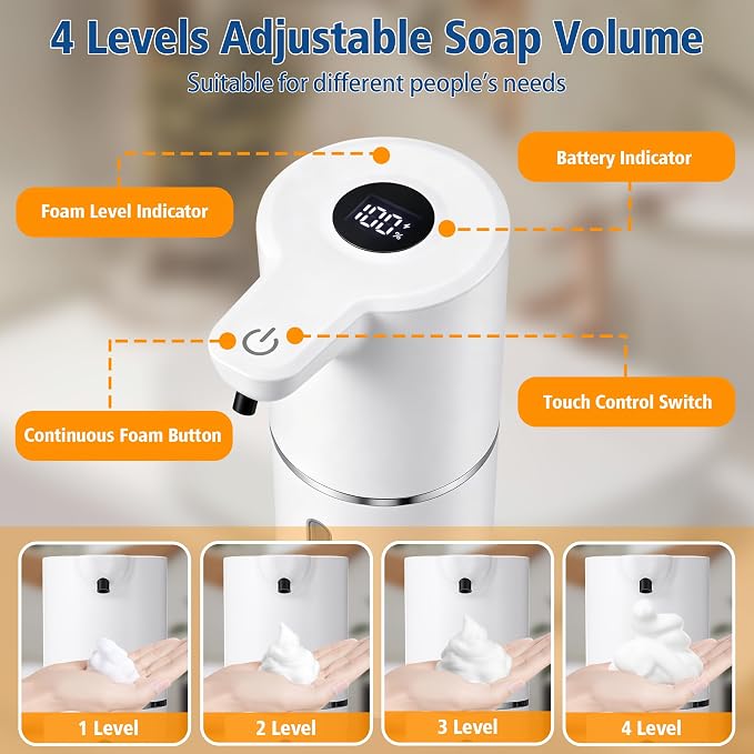 Automatic Foaming Soap Dispenser, Touchless, 350ml, White | Rechargeable Foam Soap Dispenser with Digital Display, 4 Adjustable Foam Levels, 11.8 oz Countertop or Wall Mounted