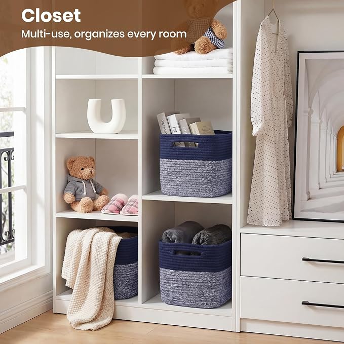 Storage Baskets for Organizing, 14 x 10 x 9” Closet Shelf Woven Baskets, Square Bins with Handles, Cotton Rope Basket for Clothes, Office, Room, Grey+Blue 3 Pack