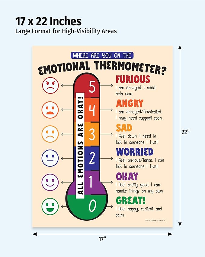 ZOCO – Emotional Thermometer Poster for Kids & Adults (10-Pack) – Feelings Temperature Chart for SEL, Mindfulness, Anger Management – Laminated 17x22 – School Counselor & Calm Corner Must Haves