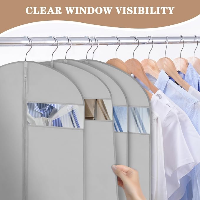 20 Pack Garment Bags for Hanging Clothes,Suit Bags For Closet Storage and Travel with Clear Window 40-inch Suit Garment Bag for Men Women Skirt Shirt Coat,Gray