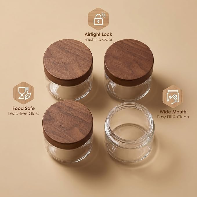Danmu 8 oz Overnight Oats Containers with Lids,Glass Jars with Lids 6 Pack | Wooden Lid,Meal Prep,Yogurt,Leftovers,Leak-proof,Dishwasher Safe(remove lids),Fridge Safe,Portable,Stackable