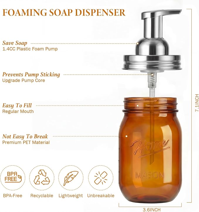 Amolliar Plastic Mason Jar Foaming Soap Dispenser Pump Lid, 16oz Foam Soap Dispenser with Cute Lables - Amber Refillable Hand Soap Dispenser for Bathroom Kitchen Shower (2 Pack, Silver)