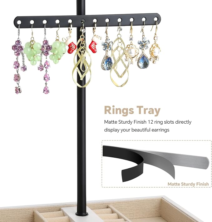 Meangood Jewelry Organizer Stand, 3-Tier Necklace Holder Jewelry Tree with Wooden Storage Drawer Box for Necklace Bracelet Earring Ring,White