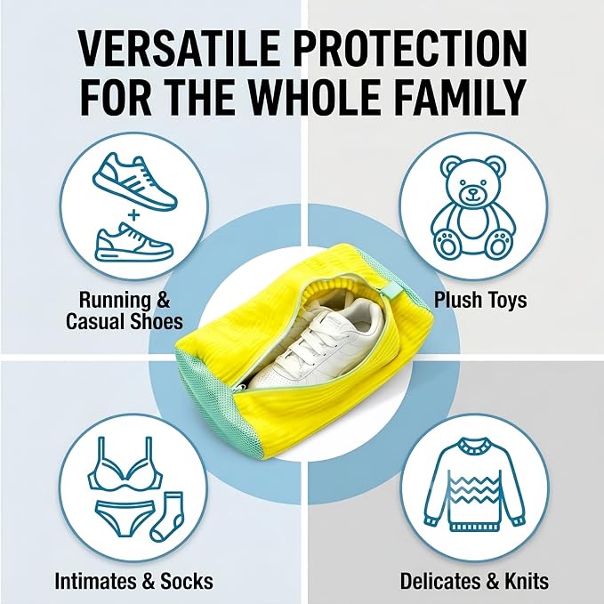 2 Pack Shoe Washing Machine Bag, Works for Washer & Dryer, Reusable Laundry Bag with Self-Locking Zipper, 360° Deep Cleaning for Sneakers and Tennis Shoes (Yellow)