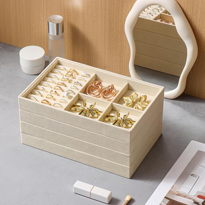 Jewelry Drawer Organizer Inserts Tray, Set of 4 Velvet Stackable Jewelry Trays for Earring Necklace Rings Bracelets Watch (Beige)