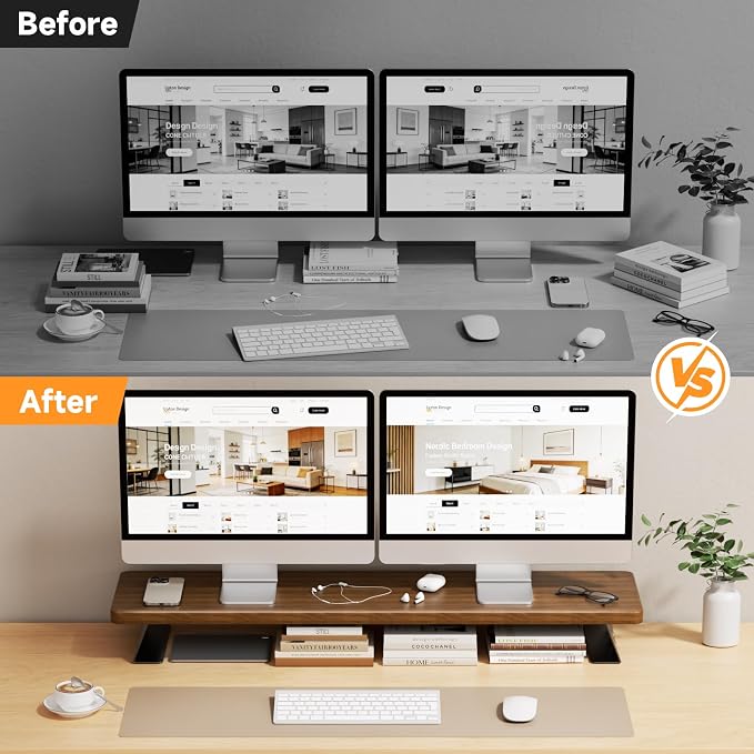Dual Monitor Stand, 39 Inch Large Wood Monitor Stands for 2 Monitors