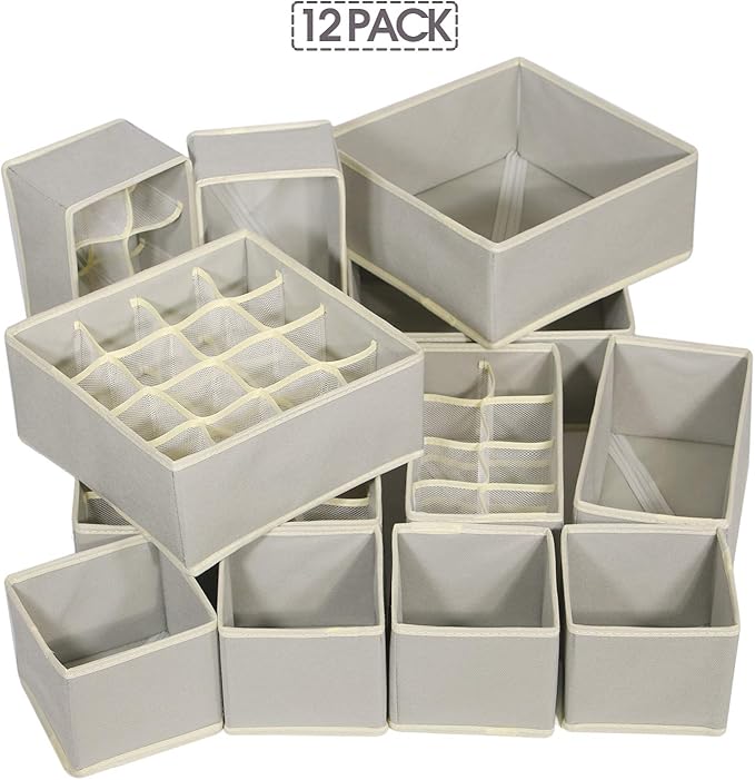 TENABORT 12 Pack Foldable Drawer Organizer Dividers Cloth Storage Box Closet Dresser Organizer Cube Fabric Containers Basket Bins for Underwear Bras Socks Panties Lingeries Nursery Baby Clothes Gray