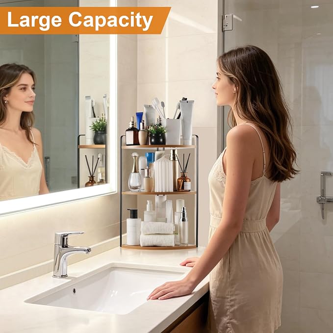 3 Tier Corner Bathroom Counter Organizer, Countertop Organizer, Makeup Organizer Countertop, Bathroom Storage Sink Shelf, Wooden and Metal Counter Shelf (Light Brown)