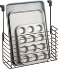 mDesign Over The Cupboard Hanging Storage Basket – Metal Bakeware Organiser and Cutting Board Holder – Excellent Kitchen Storage Solution – Bronze
