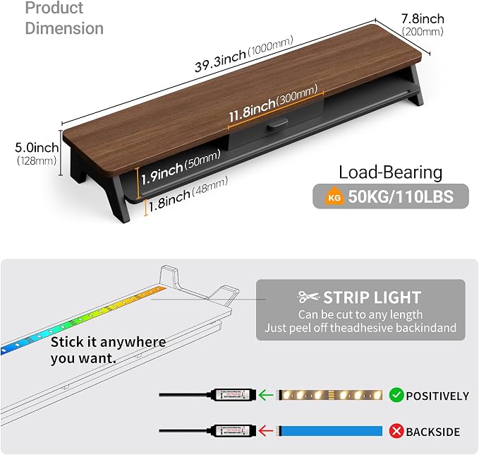 AFOOYO Dual Monitor Stand Riser,LED 2-Tier 39.3 Inch Computer Monitor Stand for 2 Monitors,Office Desktop Organizer with Storage Drawer and Phone Holder for Laptop,PC,Computer,Printer,Walnut
