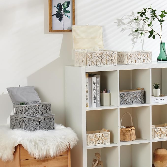 2PCS Decorative Boho Storage Baskets with Lid Bohemian Macrame Jewelry Box Handmade Natural Cotton Rope Woven Bins Memory Keepsake Photo Makeup Organizer Container (Gray, 1 Large 1 Small)