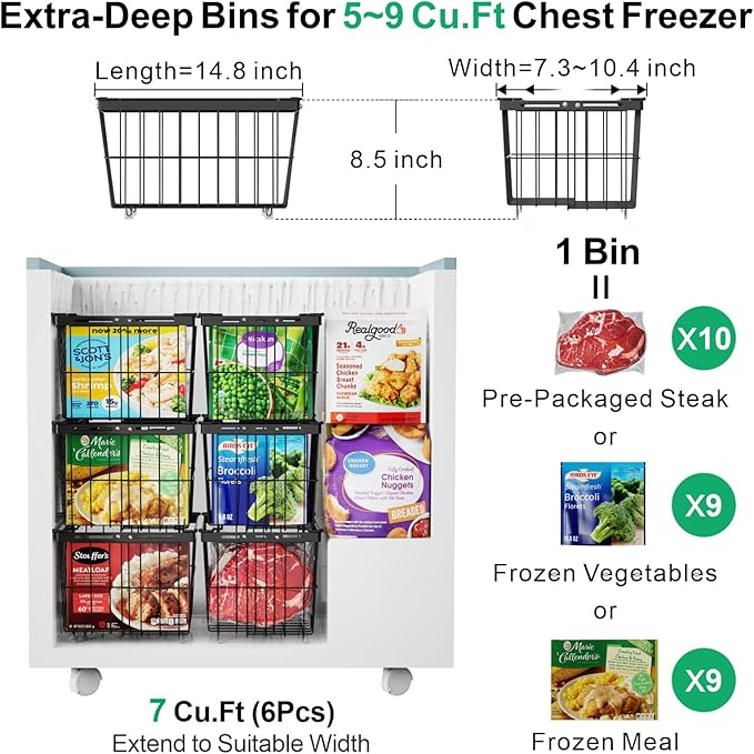 iSPECLE Freezer Organizer Bins - 5 Pack Adjustable Width for 5 to 7 Cu.Ft Chest Freezers, Stackable Wire Storage Baskets, Assembly Required, Black