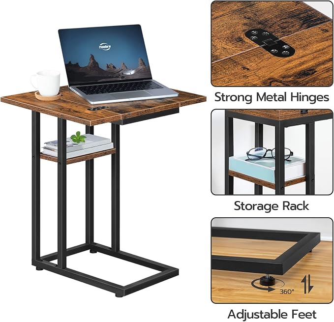 HOOBRO Foldable C Shaped End Table, C Shaped Side Table with Storage Shelf, Small Snack Table, Slide Under Couch Table for Sofa, Living Room Bedroom Small Spaces Easy Assembly, Rustic Brown BF29SF01