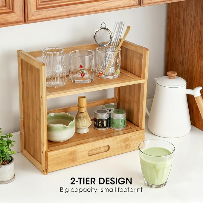 AIEVE Matcha Station Organizer, 2-Tier Bamboo Shelf with Hidden Drawer, Coffee Station Organizer Mug Holder Shelf for Matcha Whisk Set Bowl Cup Scoop Sifter